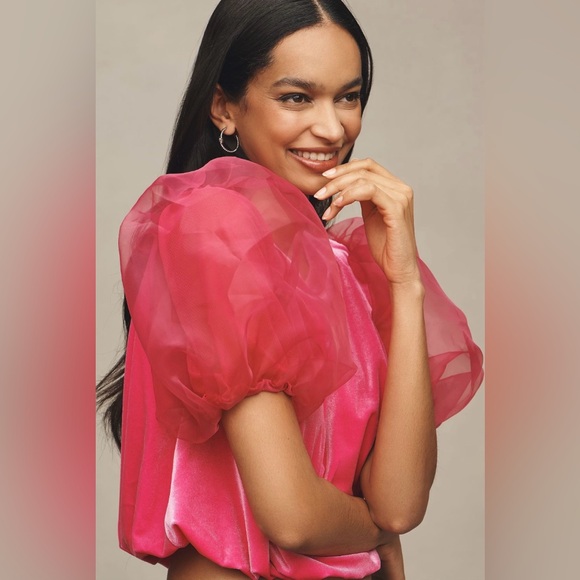NEW MAEVE Puff Sleeve Velvet Blouse in Pink SMALL - Picture 4 of 5